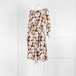 Prada Brown Cream Orange Floral Elasticated Waist Long Sleeve  Dress