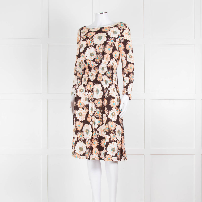 Prada Brown Cream Orange Floral Elasticated Waist Long Sleeve  Dress