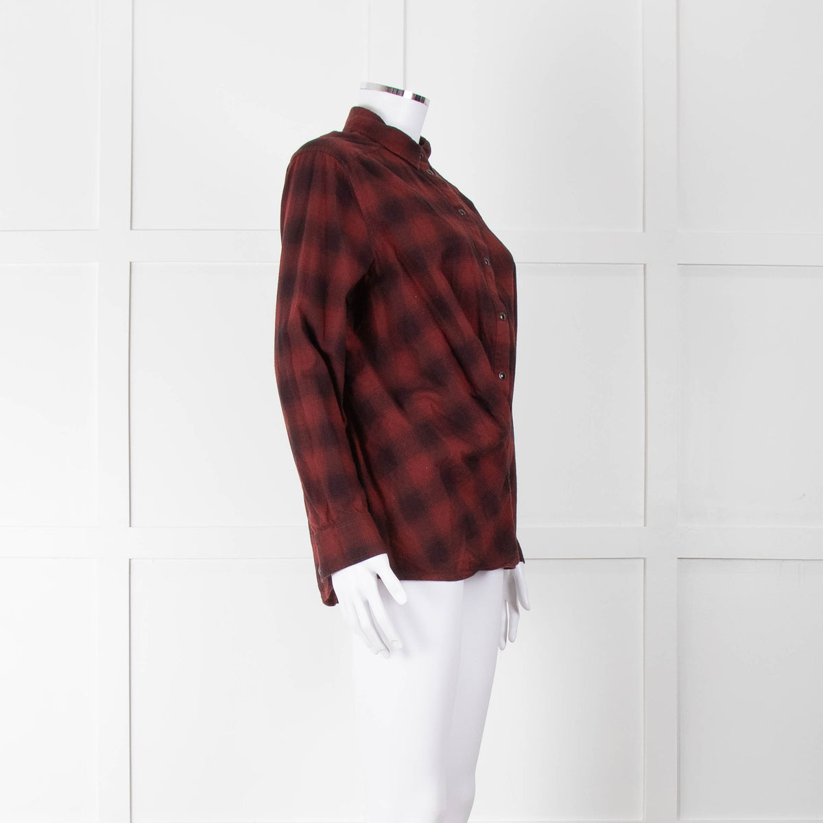 All Saints Wine Red Black Check Popper Pleat Front Blouse