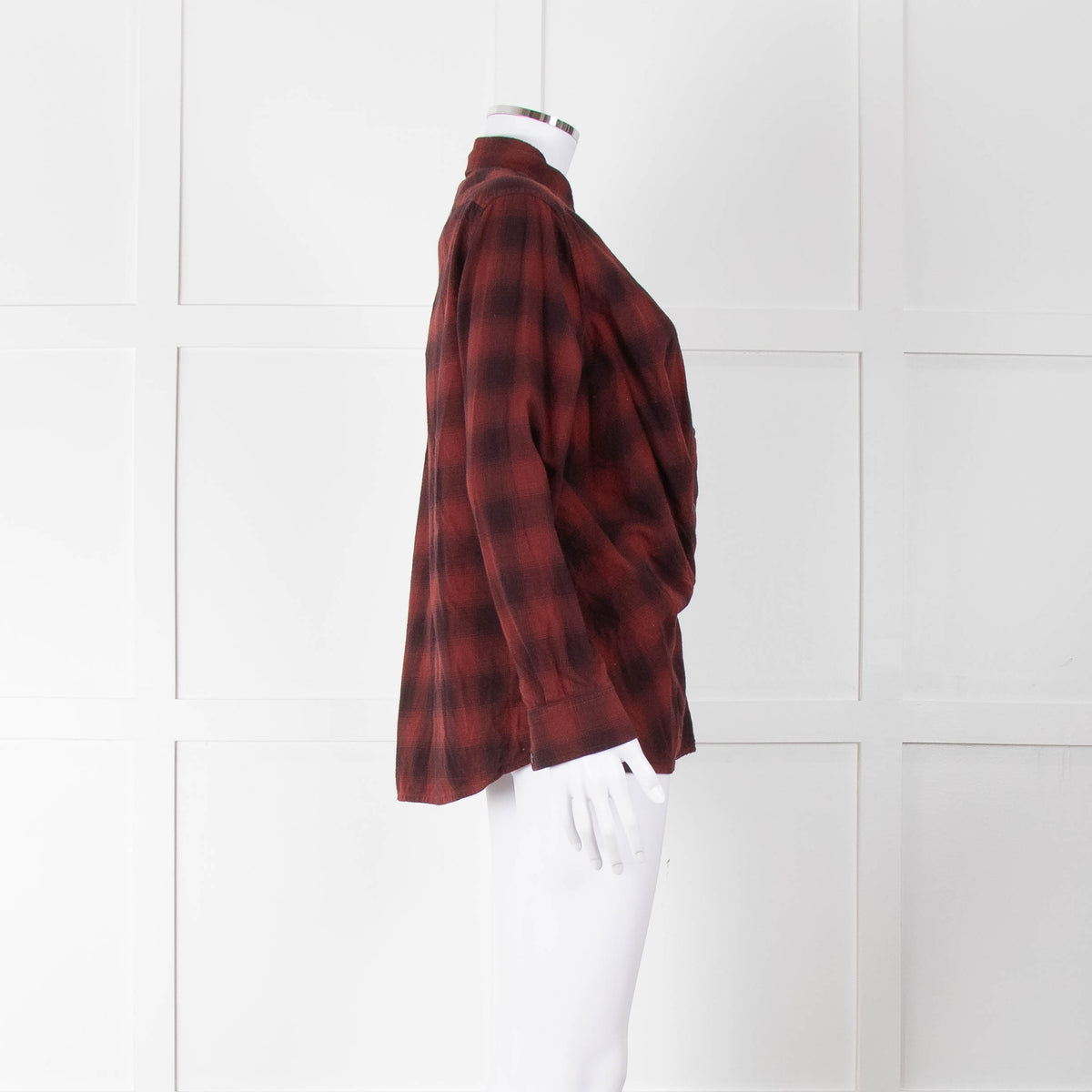 All Saints Wine Red Black Check Popper Pleat Front Blouse