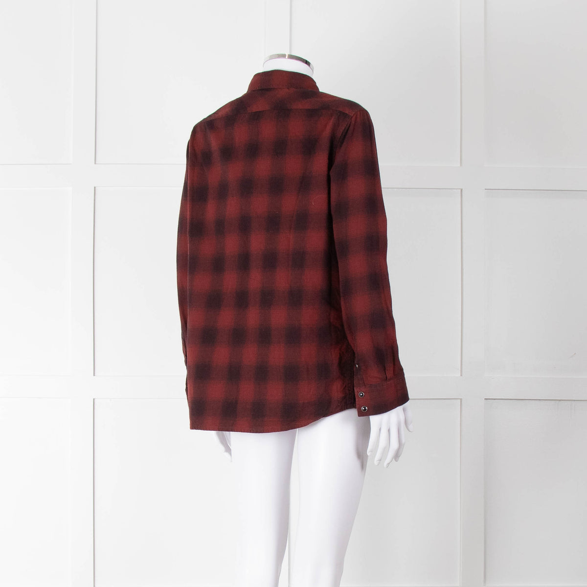 All Saints Wine Red Black Check Popper Pleat Front Blouse