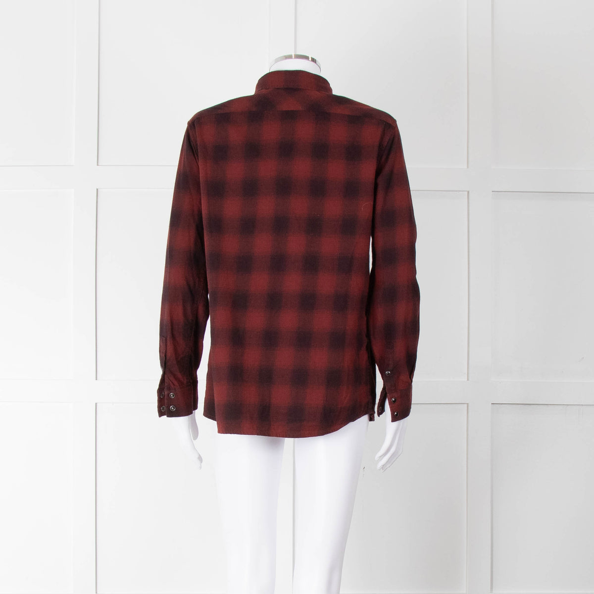 All Saints Wine Red Black Check Popper Pleat Front Blouse