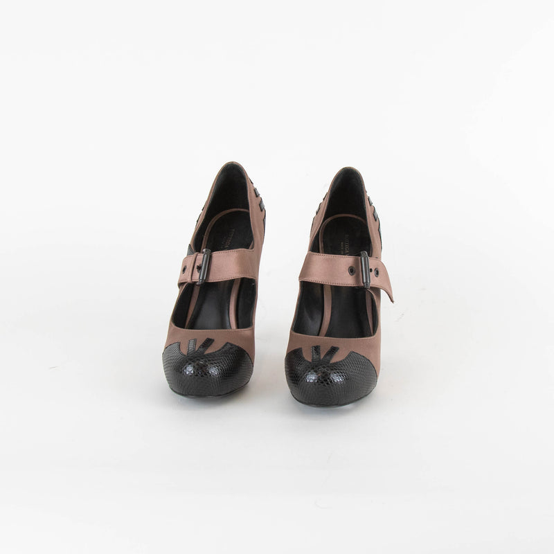 Bottega Veneta Mocca Brown Satin Lizard Leather Trim Heeled Shoes