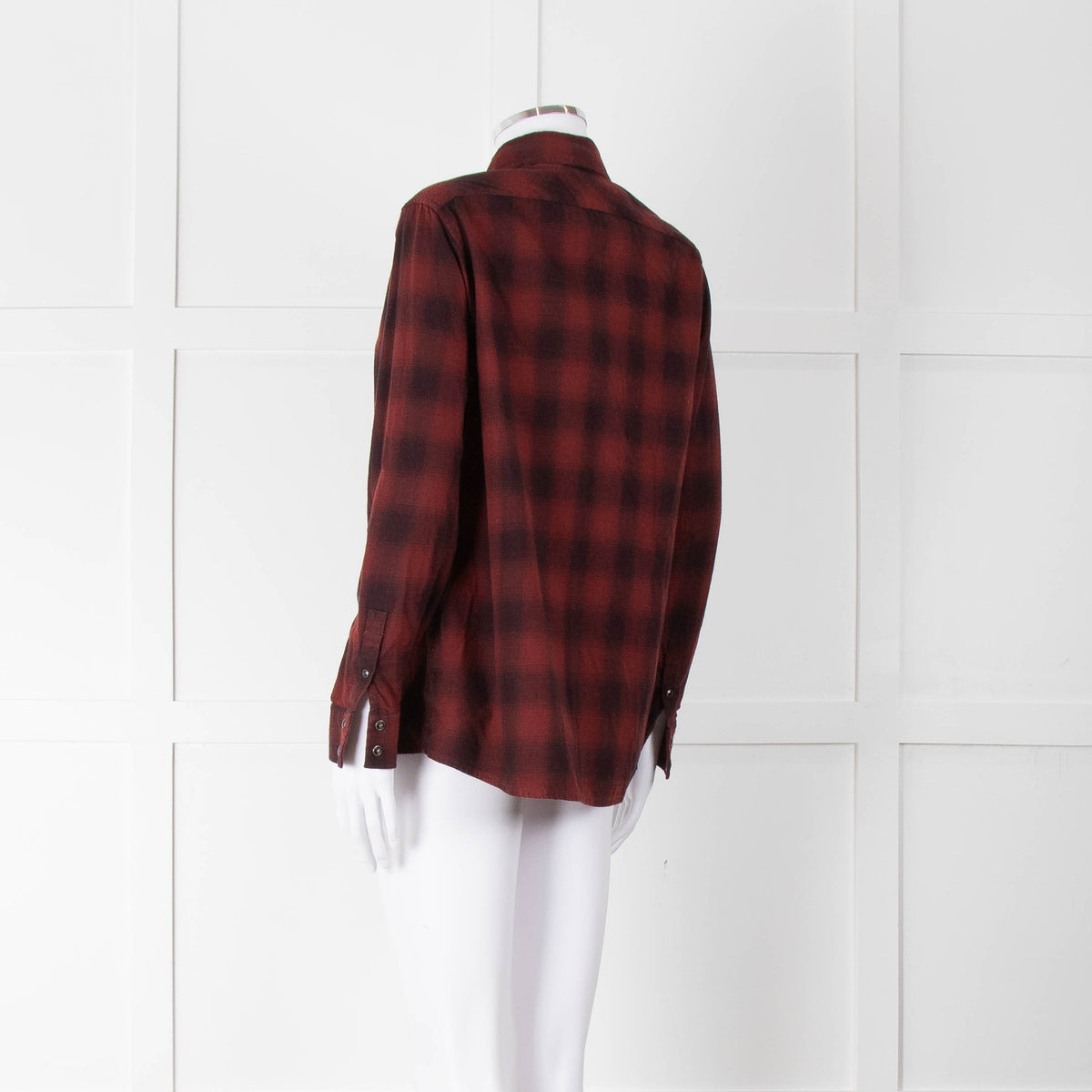 All Saints Wine Red Black Check Popper Pleat Front Blouse
