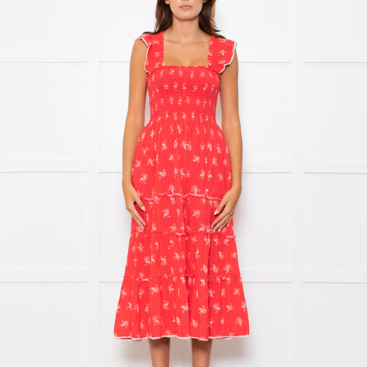 MABE Red White Floral Cotton Tiered Midi Dress