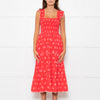 MABE Red White Floral Cotton Tiered Midi Dress
