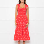 MABE Red White Floral Cotton Tiered Midi Dress
