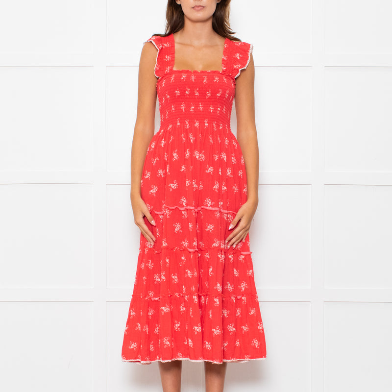 MABE Red White Floral Cotton Tiered Midi Dress