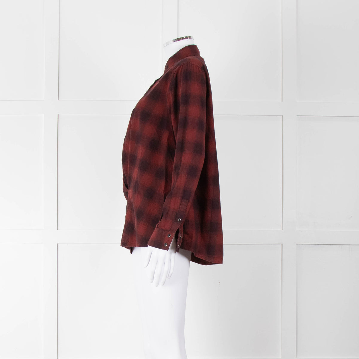 All Saints Wine Red Black Check Popper Pleat Front Blouse