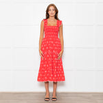 MABE Red White Floral Cotton Tiered Midi Dress