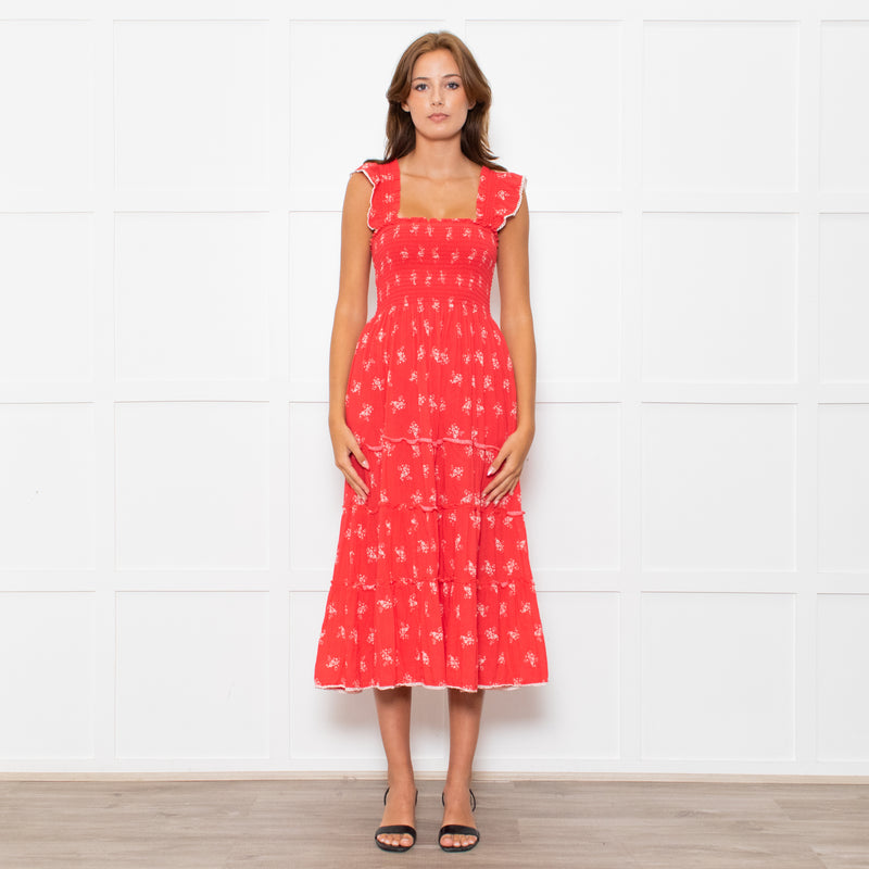 MABE Red White Floral Cotton Tiered Midi Dress