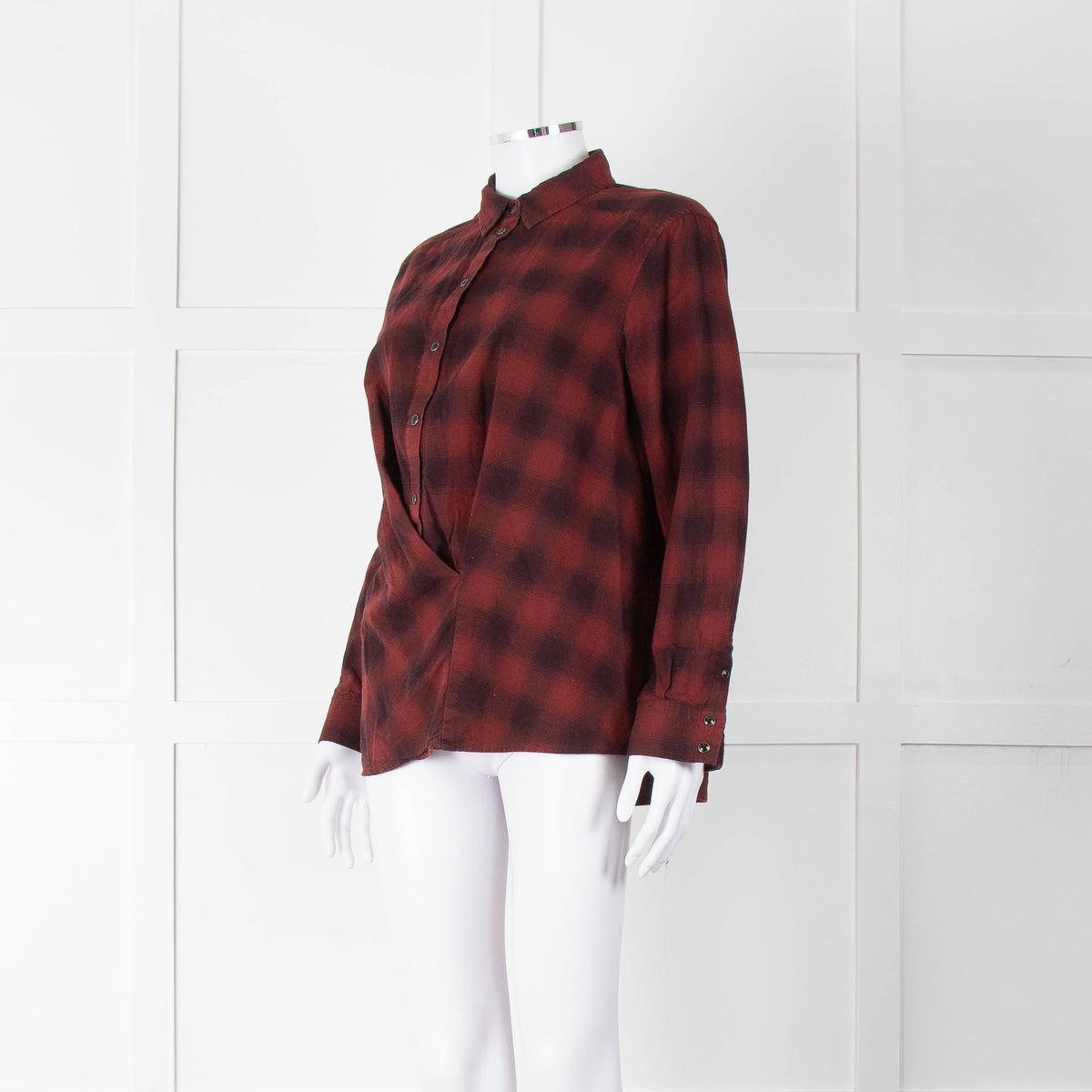 All Saints Wine Red Black Check Popper Pleat Front Blouse