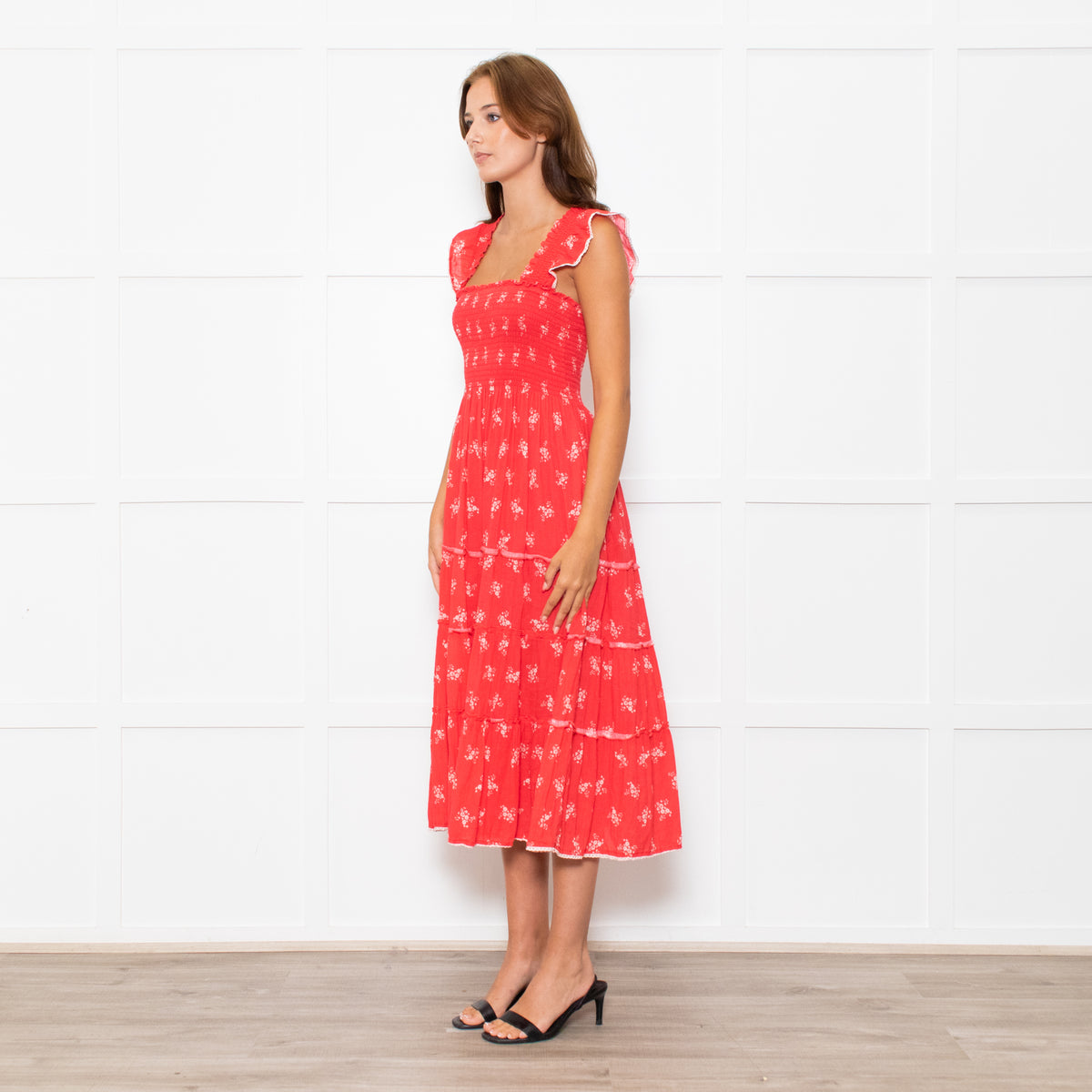 MABE Red White Floral Cotton Tiered Midi Dress
