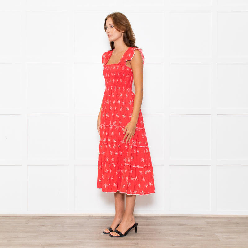 MABE Red White Floral Cotton Tiered Midi Dress