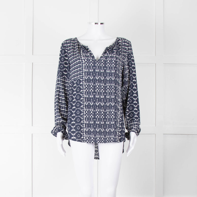 Velvet Navy White Geometric Print Long Sleeve Top