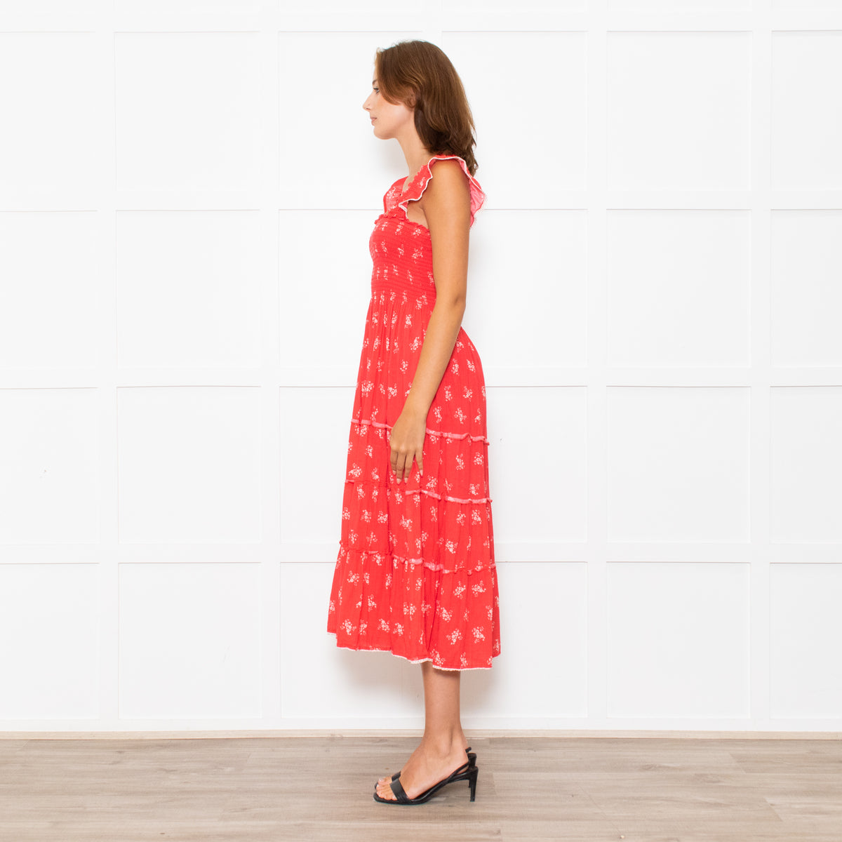 MABE Red White Floral Cotton Tiered Midi Dress
