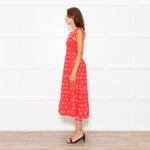 MABE Red White Floral Cotton Tiered Midi Dress