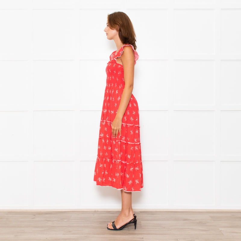 MABE Red White Floral Cotton Tiered Midi Dress