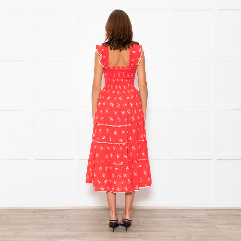 MABE Red White Floral Cotton Tiered Midi Dress