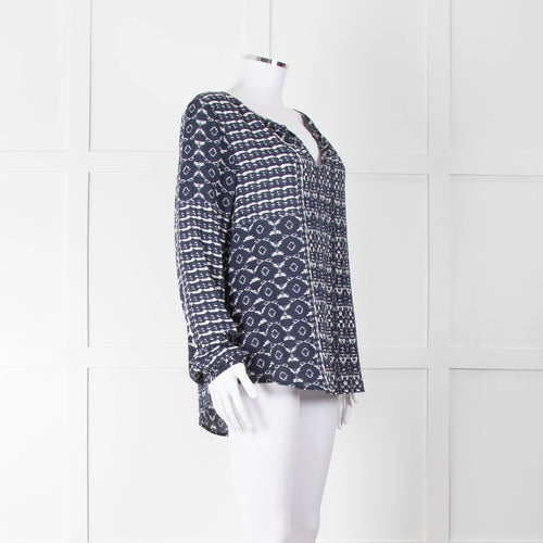 Velvet Navy White Geometric Print Long Sleeve Top