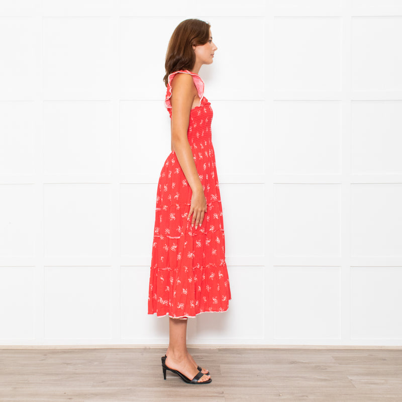 MABE Red White Floral Cotton Tiered Midi Dress