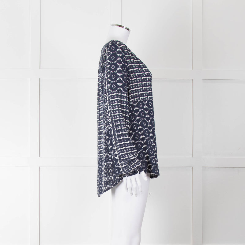 Velvet Navy White Geometric Print Long Sleeve Top