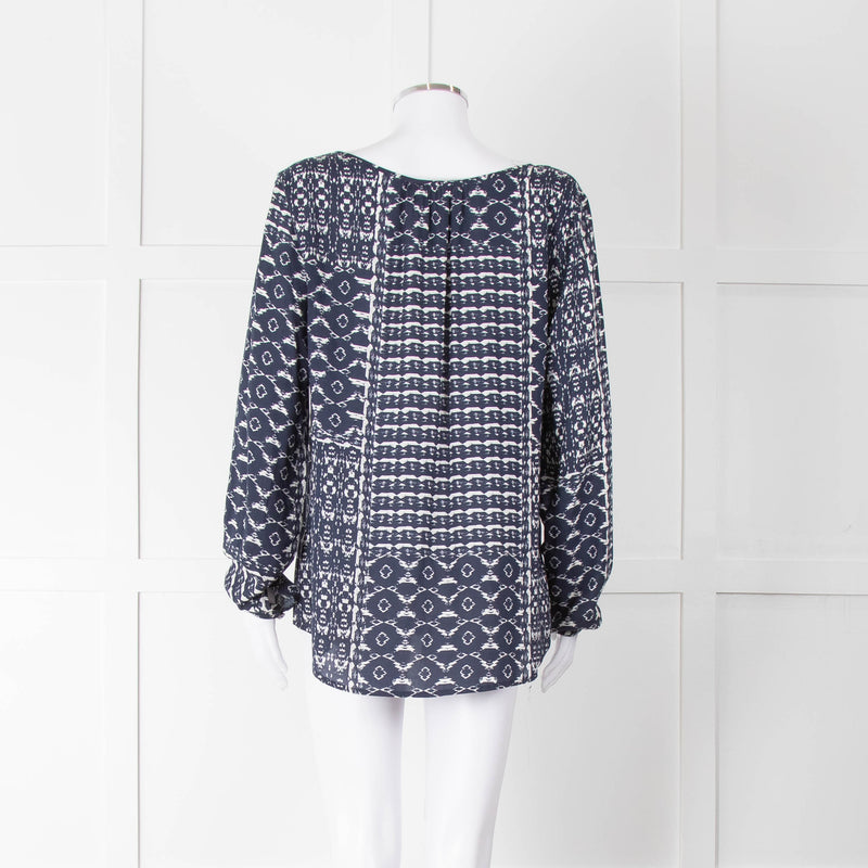 Velvet Navy White Geometric Print Long Sleeve Top