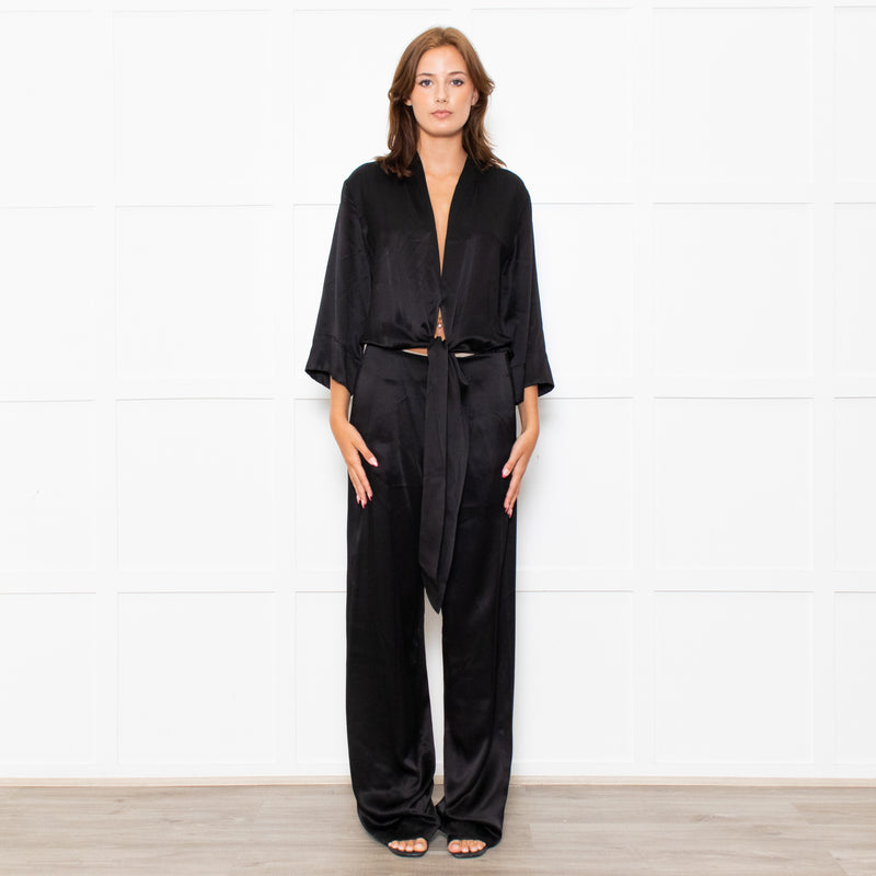 Michelle Mason Black Silk Satin Tie Up Waist Jumpsuit