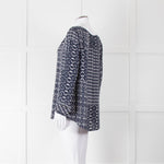 Velvet Navy White Geometric Print Long Sleeve Top
