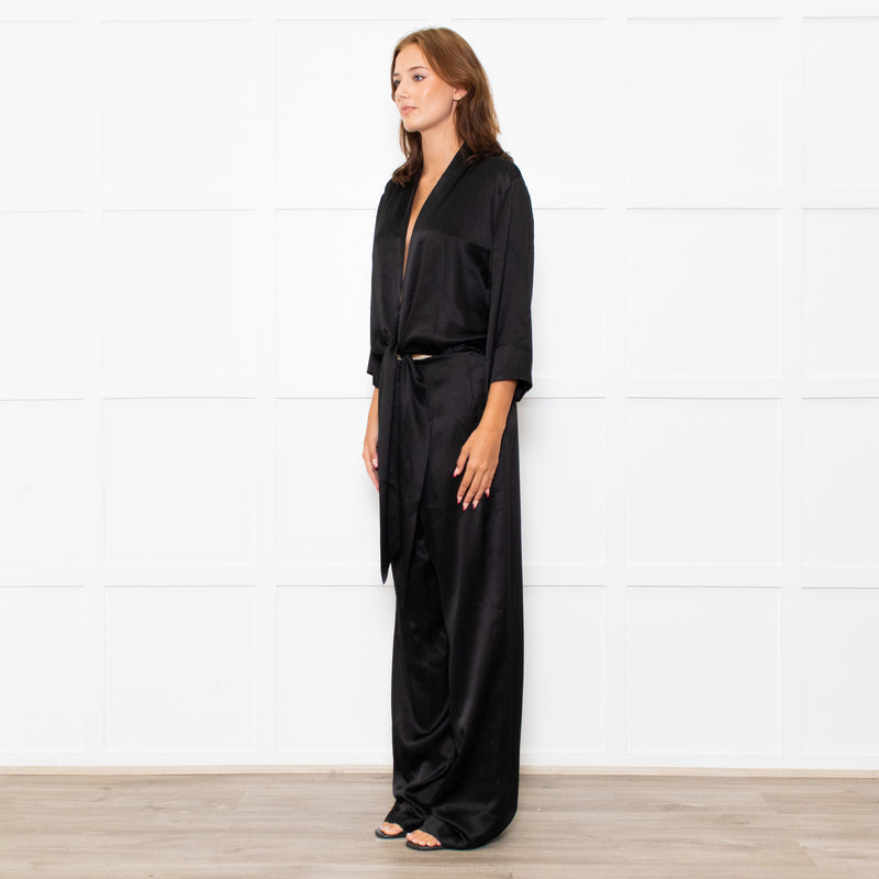 Michelle Mason Black Silk Satin Tie Up Waist Jumpsuit