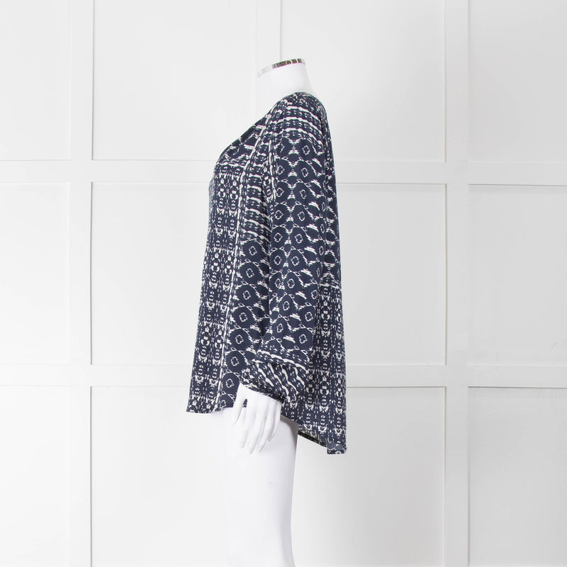 Velvet Navy White Geometric Print Long Sleeve Top