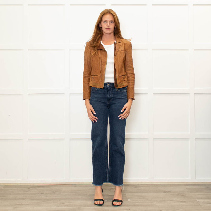 Diane Von Furstenberg Tan Leather Short Zip Up Jacket