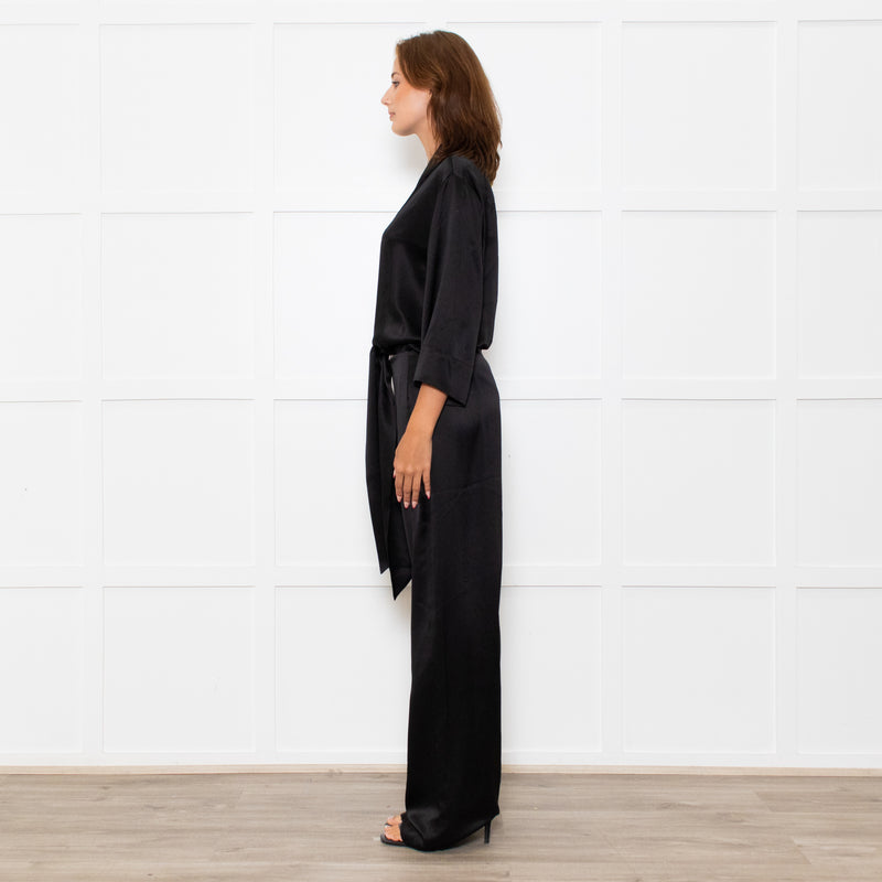 Michelle Mason Black Silk Satin Tie Up Waist Jumpsuit