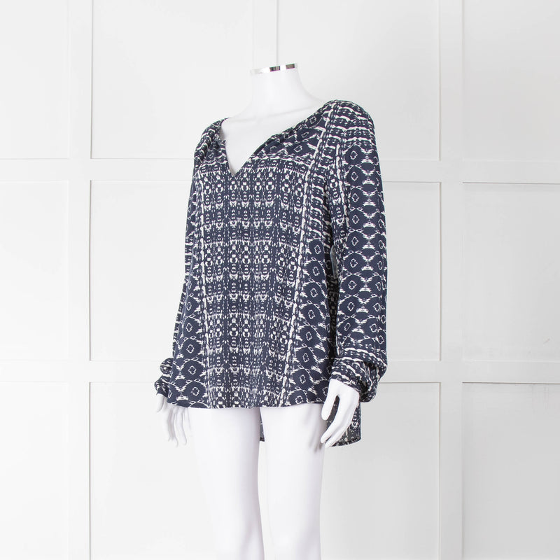 Velvet Navy White Geometric Print Long Sleeve Top
