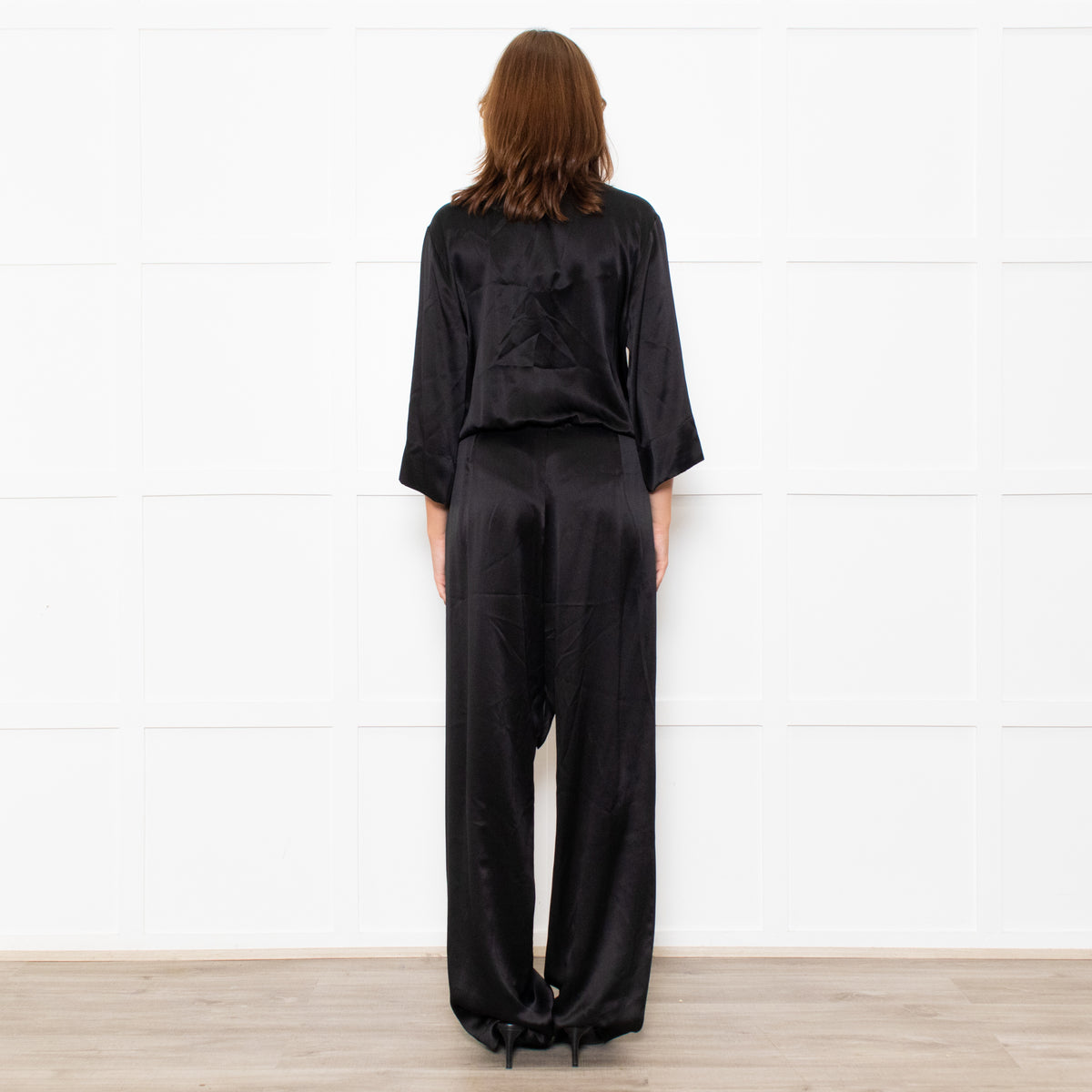 Michelle Mason Black Silk Satin Tie Up Waist Jumpsuit