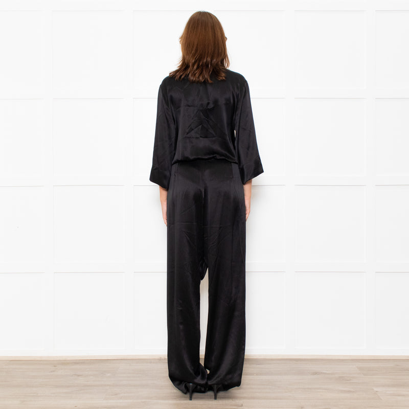 Michelle Mason Black Silk Satin Tie Up Waist Jumpsuit