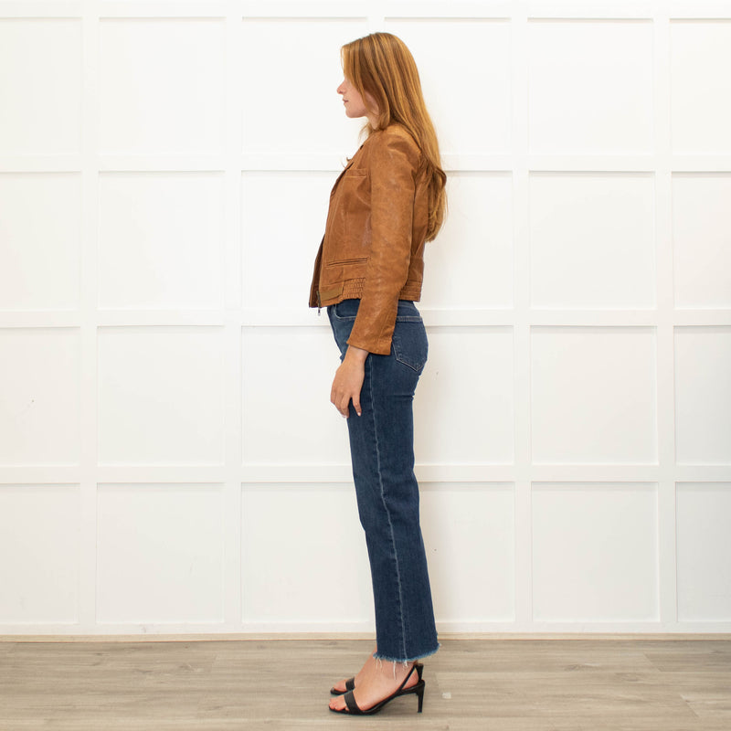 Diane Von Furstenberg Tan Leather Short Zip Up Jacket