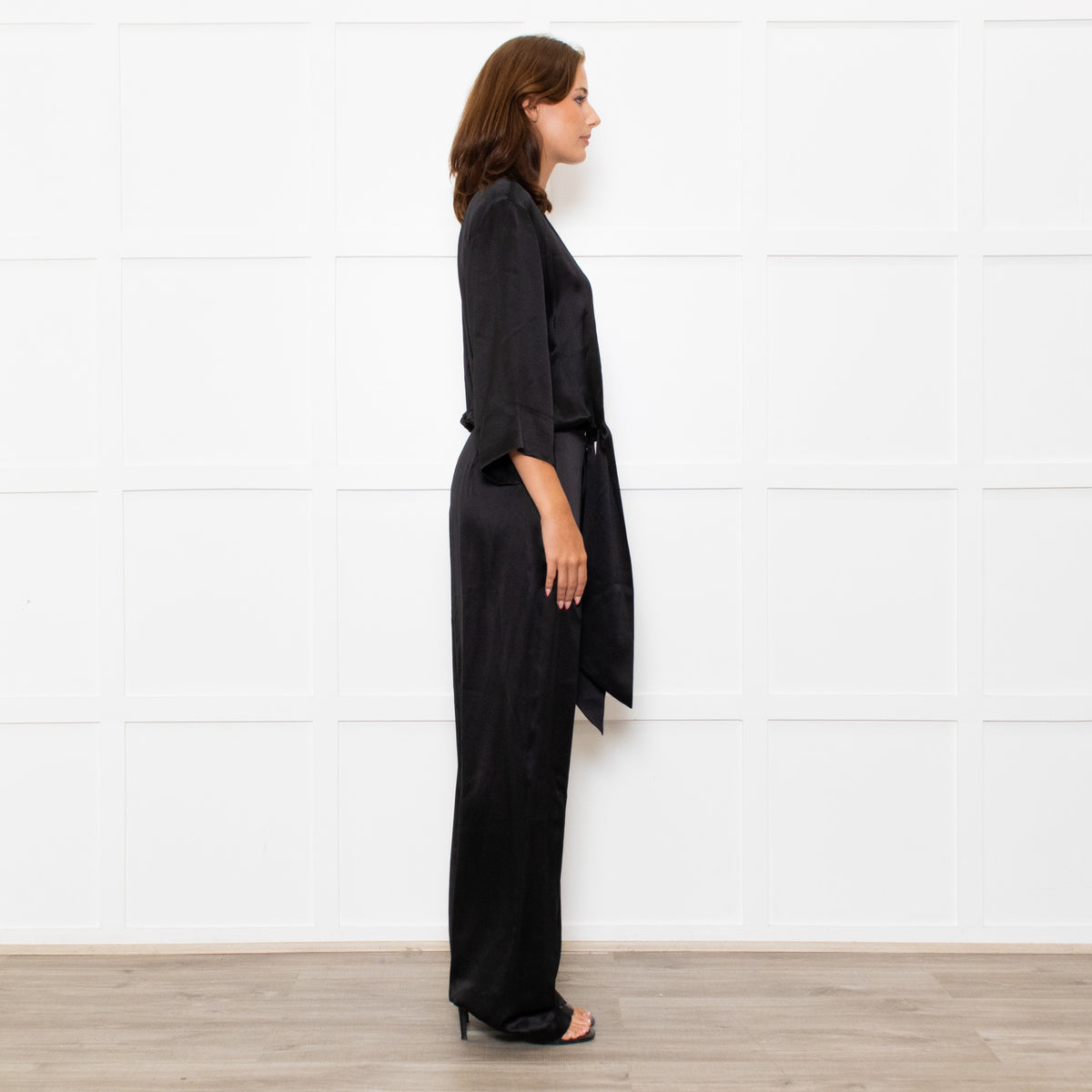 Michelle Mason Black Silk Satin Tie Up Waist Jumpsuit