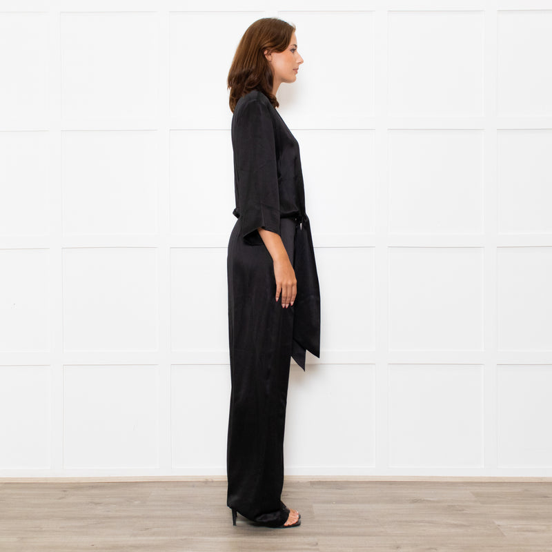 Michelle Mason Black Silk Satin Tie Up Waist Jumpsuit