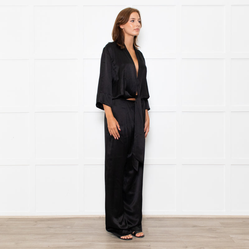 Michelle Mason Black Silk Satin Tie Up Waist Jumpsuit