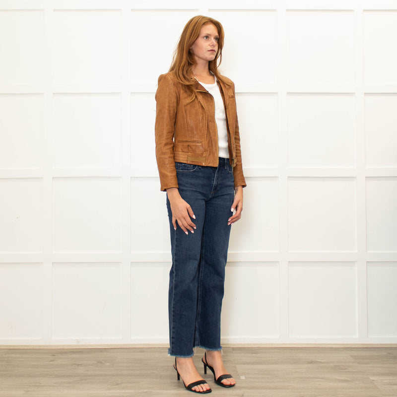 Diane Von Furstenberg Tan Leather Short Zip Up Jacket
