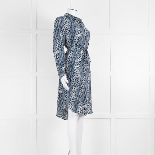 Mih Blue Cream Tie Dye Print Silk Shirt Dress