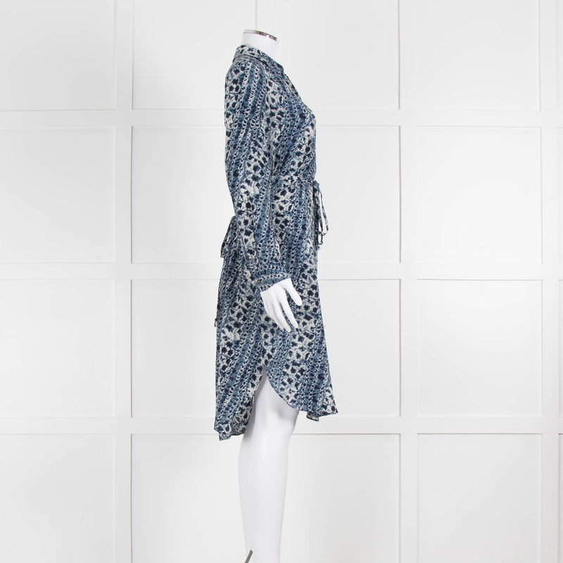 Mih Blue Cream Tie Dye Print Silk Shirt Dress