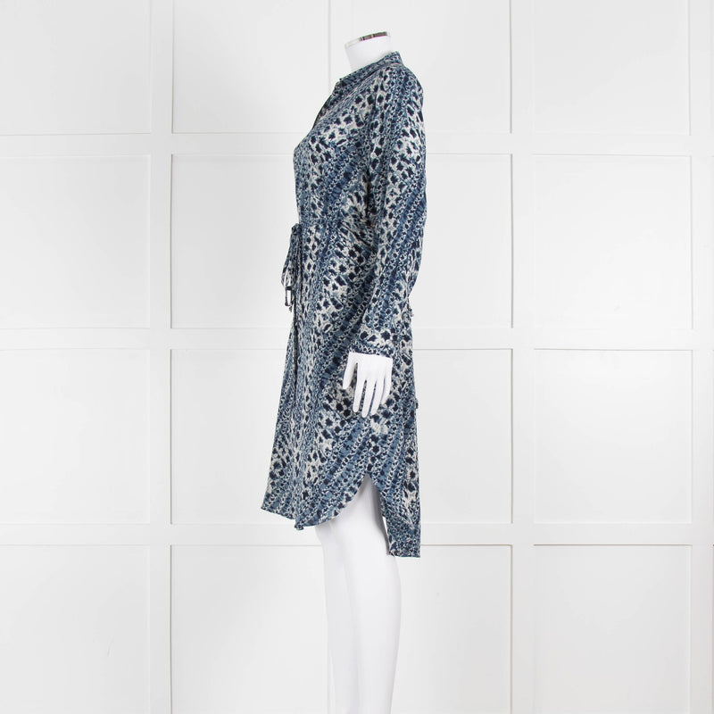 Mih Blue Cream Tie Dye Print Silk Shirt Dress