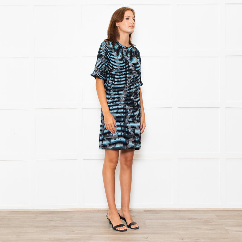 Missoni Blue Sparkle Knit Shift Dress With Added Ruffle On Sleeves
