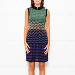 Missoni Purple Green Wave Patterned Knit Skater Dress With High Neck