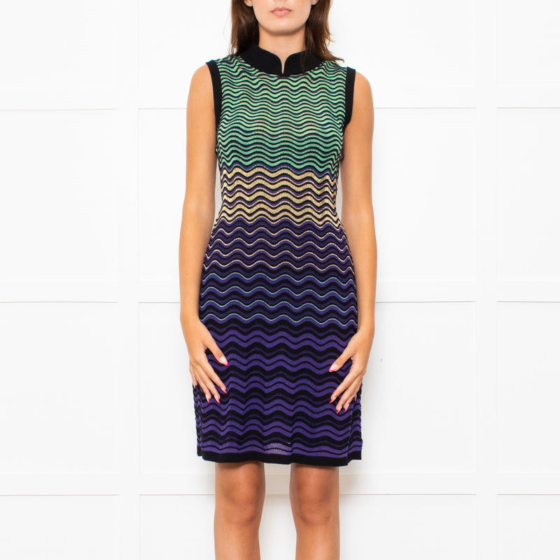 Missoni Purple Green Wave Patterned Knit Skater Dress With High Neck