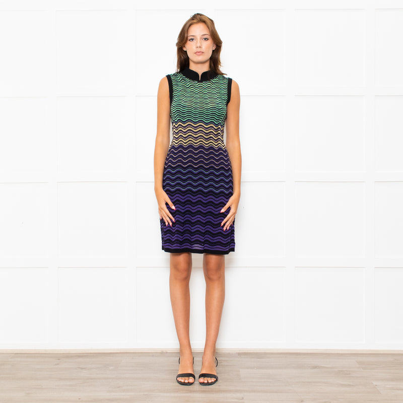 Missoni Purple Green Wave Patterned Knit Skater Dress With High Neck