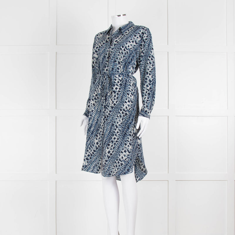 Mih Blue Cream Tie Dye Print Silk Shirt Dress