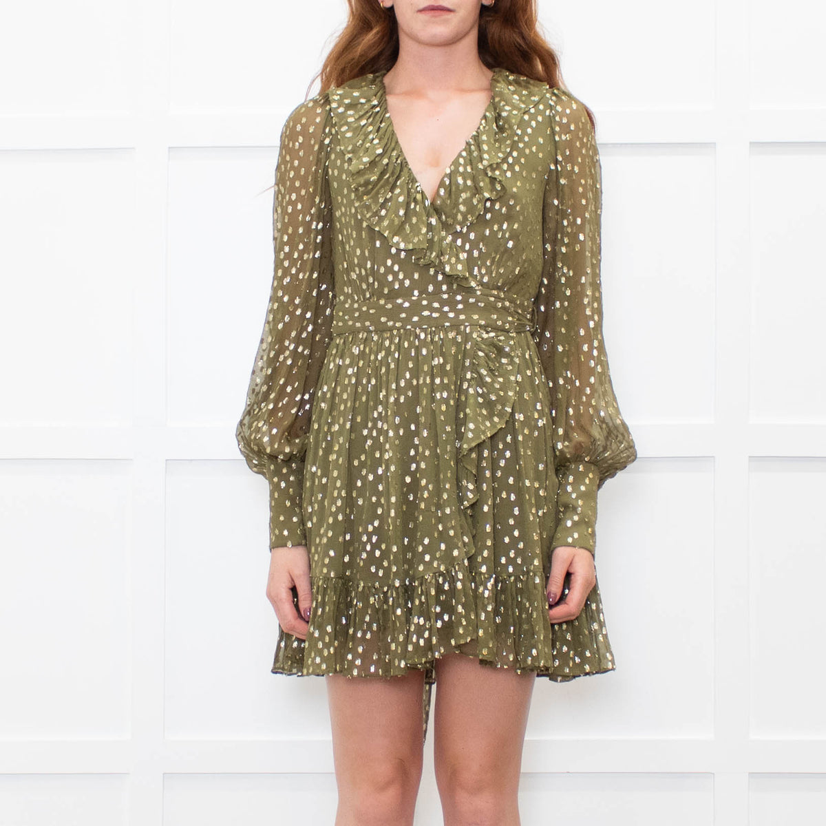 Zimmermann Green Metallic Silk Blend Mini Wrap Dress